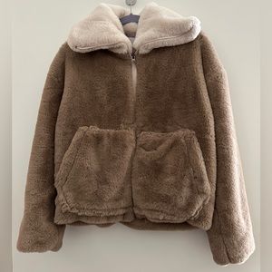 Brown Faux Fur Jacket with Vanilla Accent Contrast